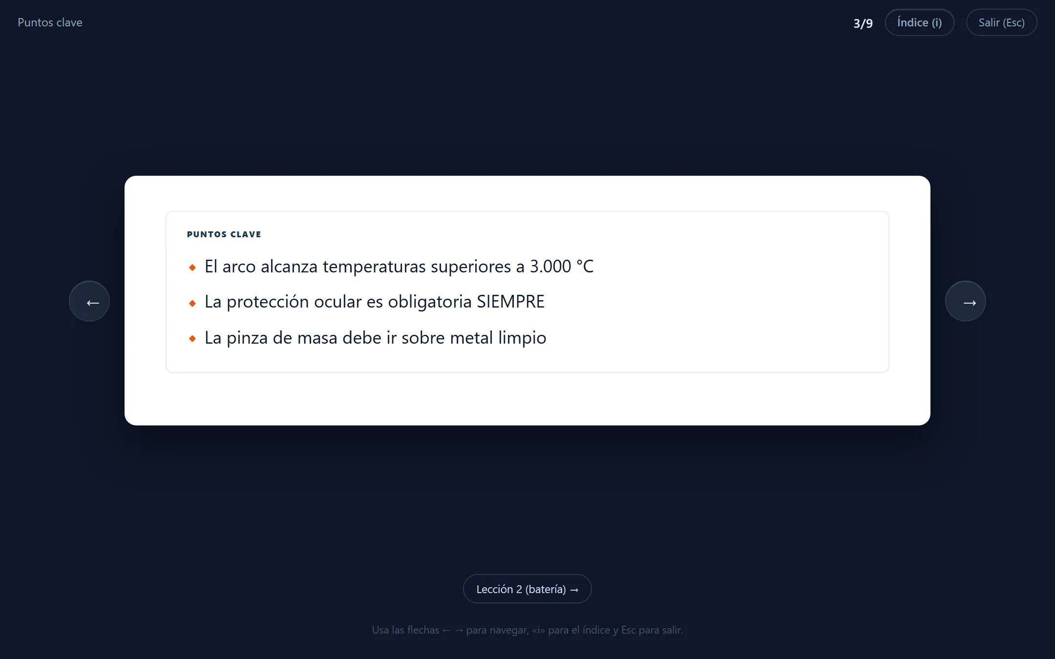 Modo presentación del campus mostrando una lección a pantalla completa.